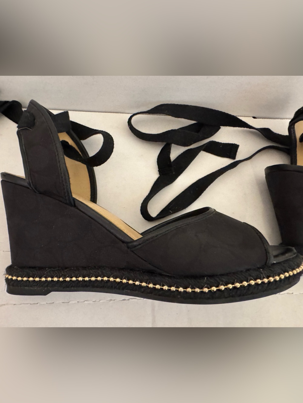 Coach Black Wedge Sandals with Ankle Wraps and Stud Trim (WORN ONCE) - Picture 3 of 9
